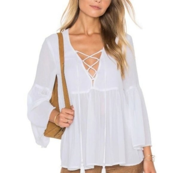 Show Me Your Mumu Poet Tie Top in White Boho Peasant Oversized Lace Up Blouse XS - Picture 4 of 12